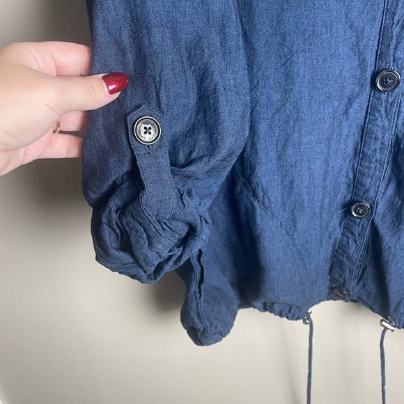 Liz Claiborne Navy Button Up Hooded Jacket Lightweight Linen/ Cotton - Picture 5 of 12